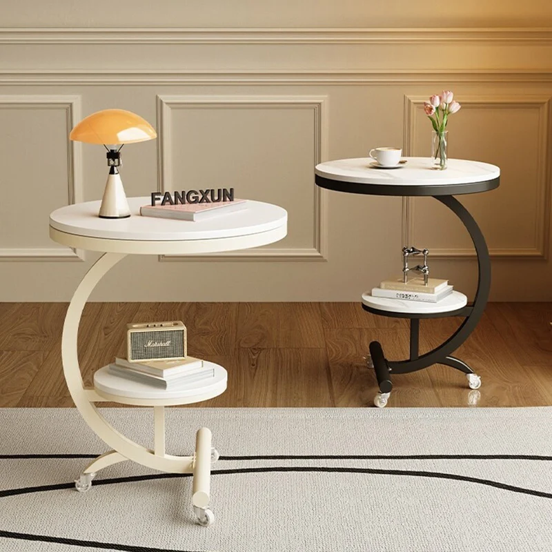 Modern Minimalist Rock Slab Carbon Steel Round Movable End Table 2-Tier For Living Room
