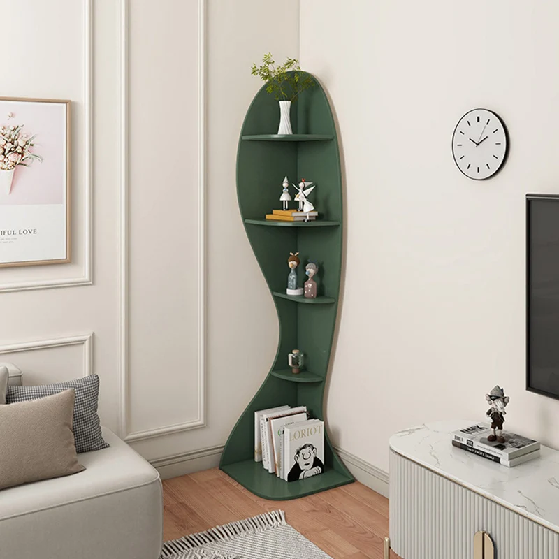 Contemporary Scandinavian Curved Wave-Shaped Particle Board Corner Shelf Unit 5-Tier For Living Room