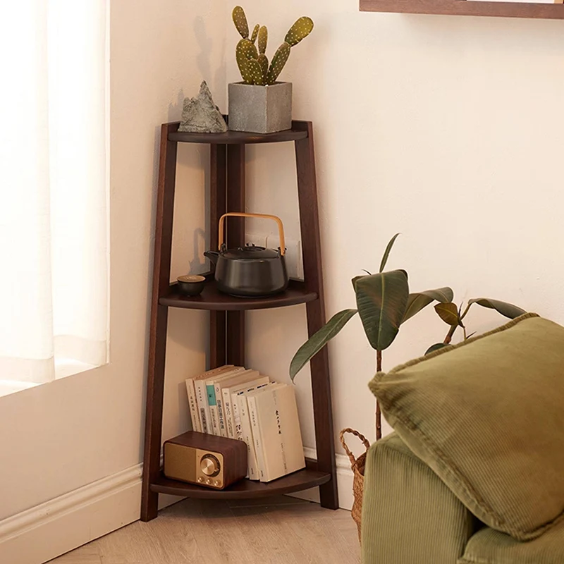 Contemporary Nordic Cylindrical Fan-Shaped Solid Oak Wood Corner Shelf Unit 3-Tier For Living Room