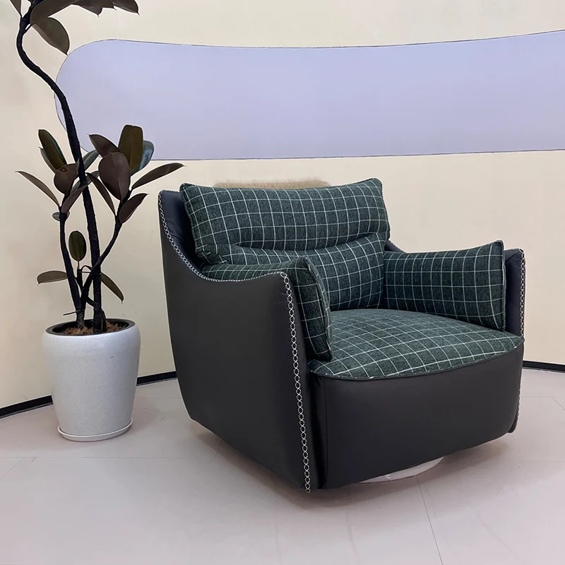 Contemporary Scandinavian Cotton-Linen Upholstery Accent Chair: Eco-Friendly Faux Leather Cover - 360° Swivel Single-Seater Sofa For Living Room