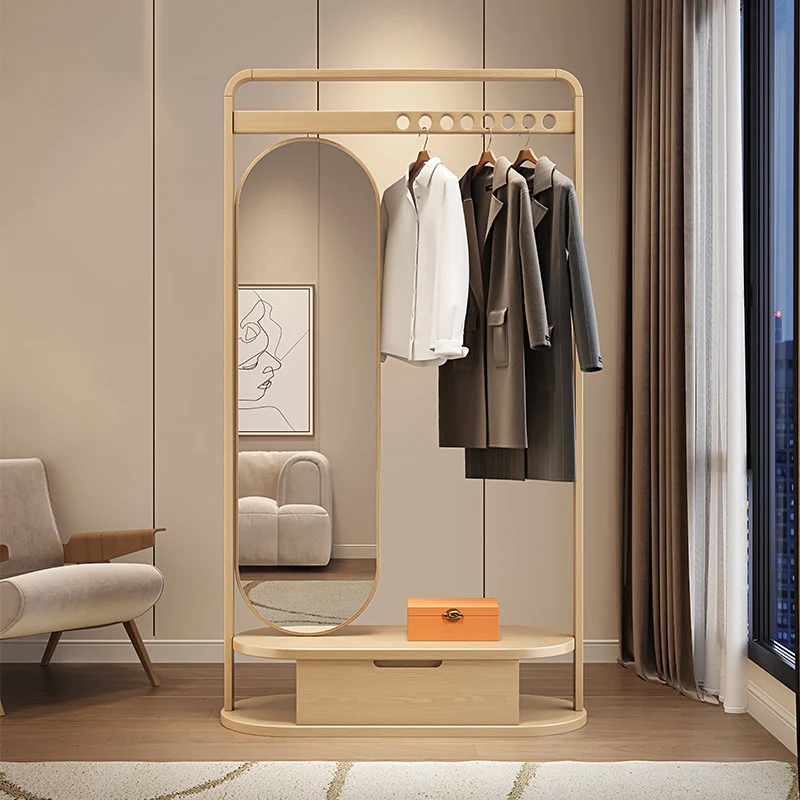Modern Minimalist Ash Wood & Plywood Glass Rounded Edge Coat Rack Hall Tree With Swivel Full Length Mirror And Storage Drawer For Bedroom