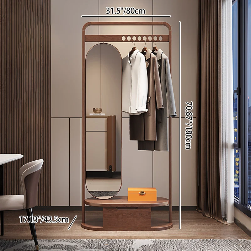Modern Minimalist Ash Wood & Plywood Glass Rounded Edge Coat Rack Hall Tree With Swivel Full Length Mirror And Storage Drawer For Bedroom