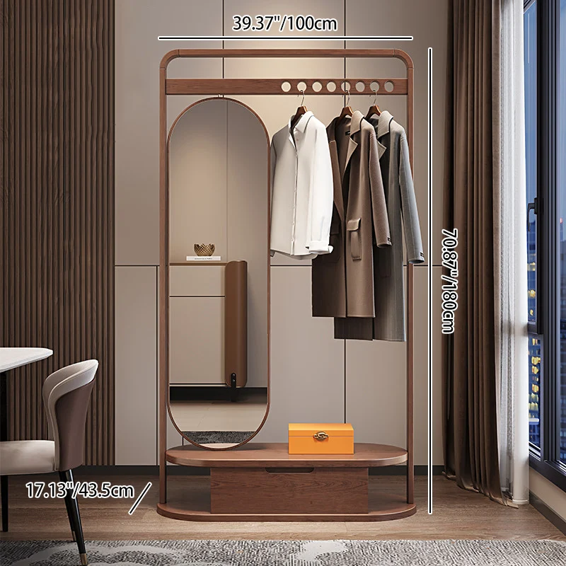 Modern Minimalist Ash Wood & Plywood Glass Rounded Edge Coat Rack Hall Tree With Swivel Full Length Mirror And Storage Drawer For Bedroom