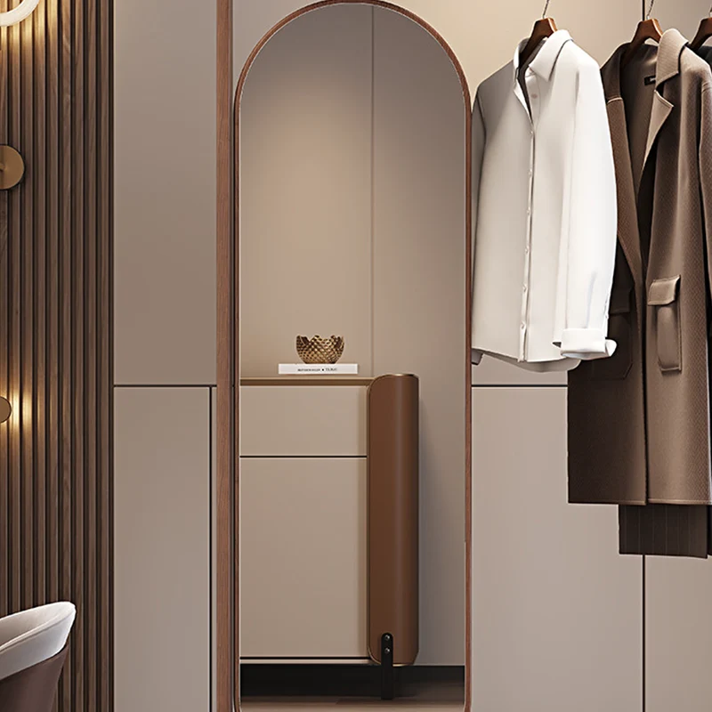 Modern Minimalist Ash Wood & Plywood Glass Rounded Edge Coat Rack Hall Tree With Swivel Full Length Mirror And Storage Drawer For Bedroom