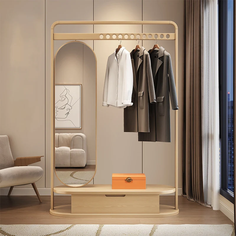Modern Minimalist Ash Wood & Plywood Glass Rounded Edge Coat Rack Hall Tree With Swivel Full Length Mirror And Storage Drawer For Bedroom