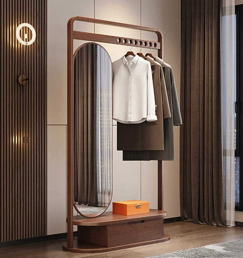 Modern Minimalist Ash Wood & Plywood Glass Rounded Edge Coat Rack Hall Tree With Swivel Full Length Mirror And Storage Drawer For Bedroom