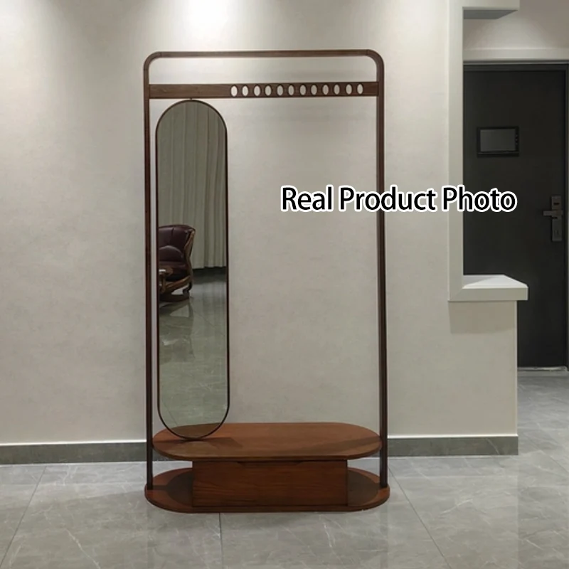 Modern Minimalist Ash Wood & Plywood Glass Rounded Edge Coat Rack Hall Tree With Swivel Full Length Mirror And Storage Drawer For Bedroom