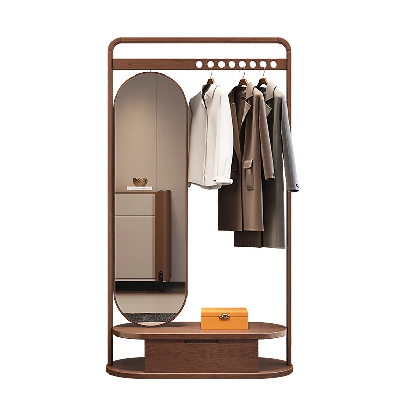 Modern Minimalist Ash Wood & Plywood Glass Rounded Edge Coat Rack Hall Tree With Swivel Full Length Mirror And Storage Drawer For Bedroom