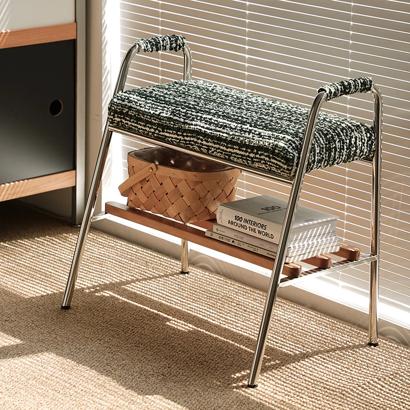 Contemporary Nordic Solid Wood Stainless Steel Cotton Linen Upholstered Accent Bench With Storage Shelf With Armrests For Entryway