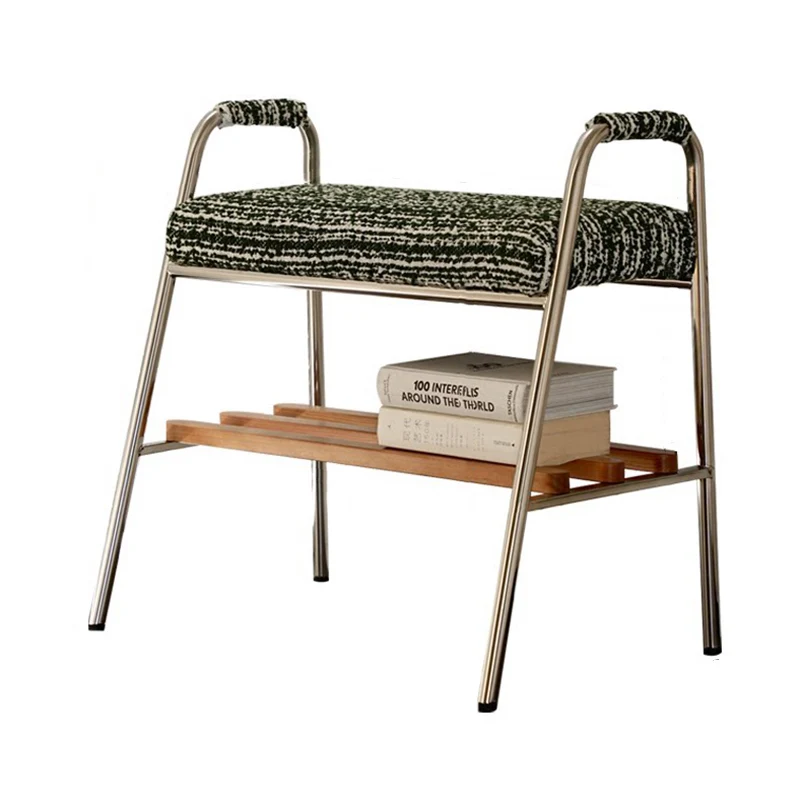 Contemporary Nordic Solid Wood Stainless Steel Cotton Linen Upholstered Accent Bench With Storage Shelf With Armrests For Entryway