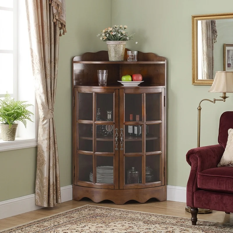 Traditional European Solid Wood & Plywood Glass Metal Triangular Corner Storage Cabinet With 5-Tier Double Doors For Living Room
