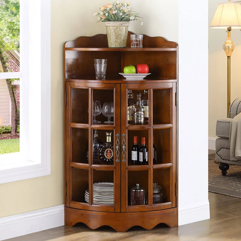 Traditional European Solid Wood & Plywood Glass Metal Triangular Corner Storage Cabinet With 5-Tier Double Doors For Living Room