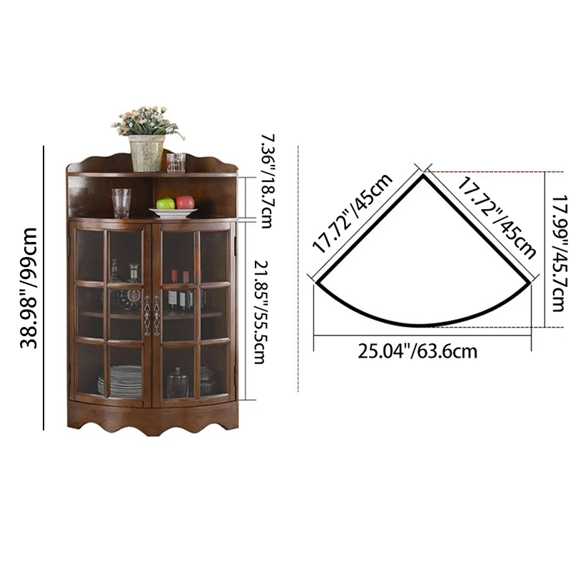 Traditional European Solid Wood & Plywood Glass Metal Triangular Corner Storage Cabinet With 5-Tier Double Doors For Living Room