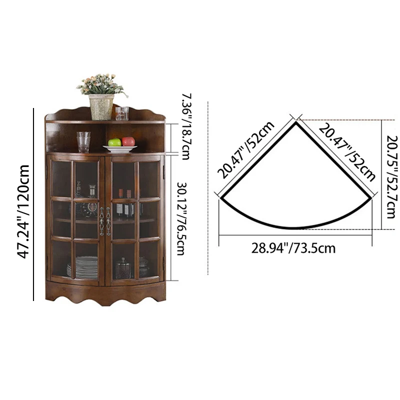 Traditional European Solid Wood & Plywood Glass Metal Triangular Corner Storage Cabinet With 5-Tier Double Doors For Living Room