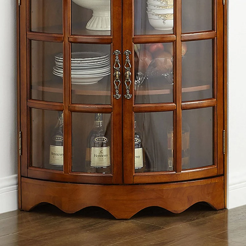 Traditional European Solid Wood & Plywood Glass Metal Triangular Corner Storage Cabinet With 5-Tier Double Doors For Living Room