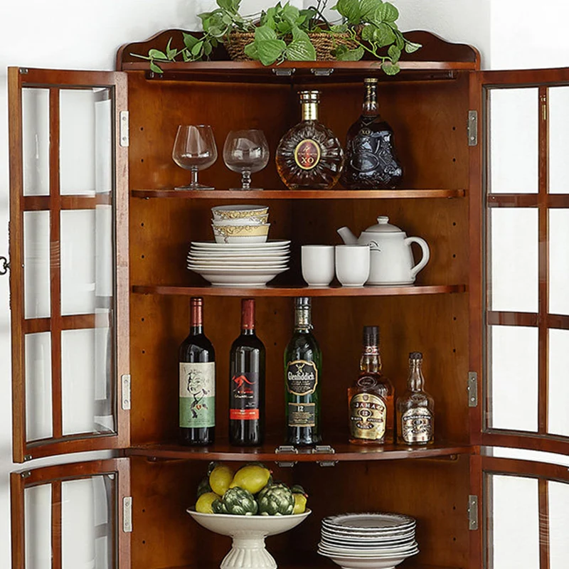 Traditional European Solid Wood & Plywood Glass Metal Triangular Corner Storage Cabinet With 5-Tier Double Doors For Living Room
