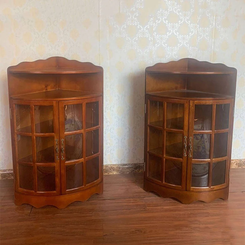 Traditional European Solid Wood & Plywood Glass Metal Triangular Corner Storage Cabinet With 5-Tier Double Doors For Living Room