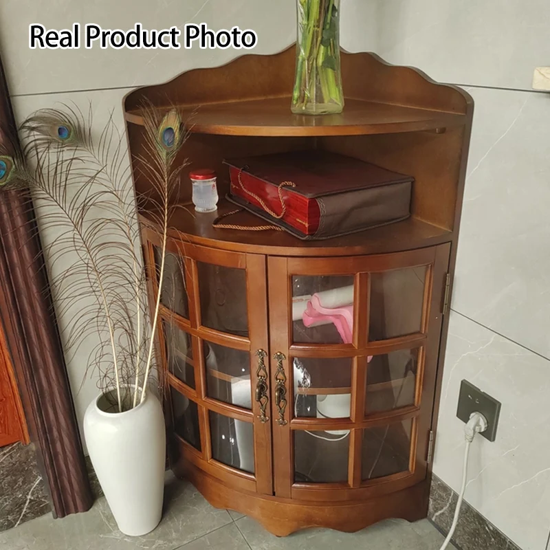 Traditional European Solid Wood & Plywood Glass Metal Triangular Corner Storage Cabinet With 5-Tier Double Doors For Living Room