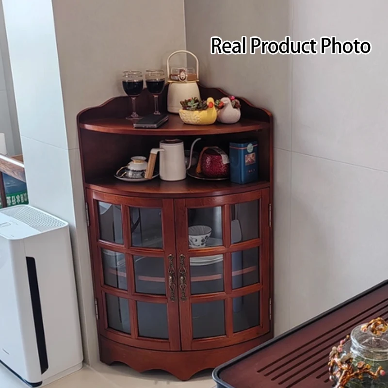 Traditional European Solid Wood & Plywood Glass Metal Triangular Corner Storage Cabinet With 5-Tier Double Doors For Living Room
