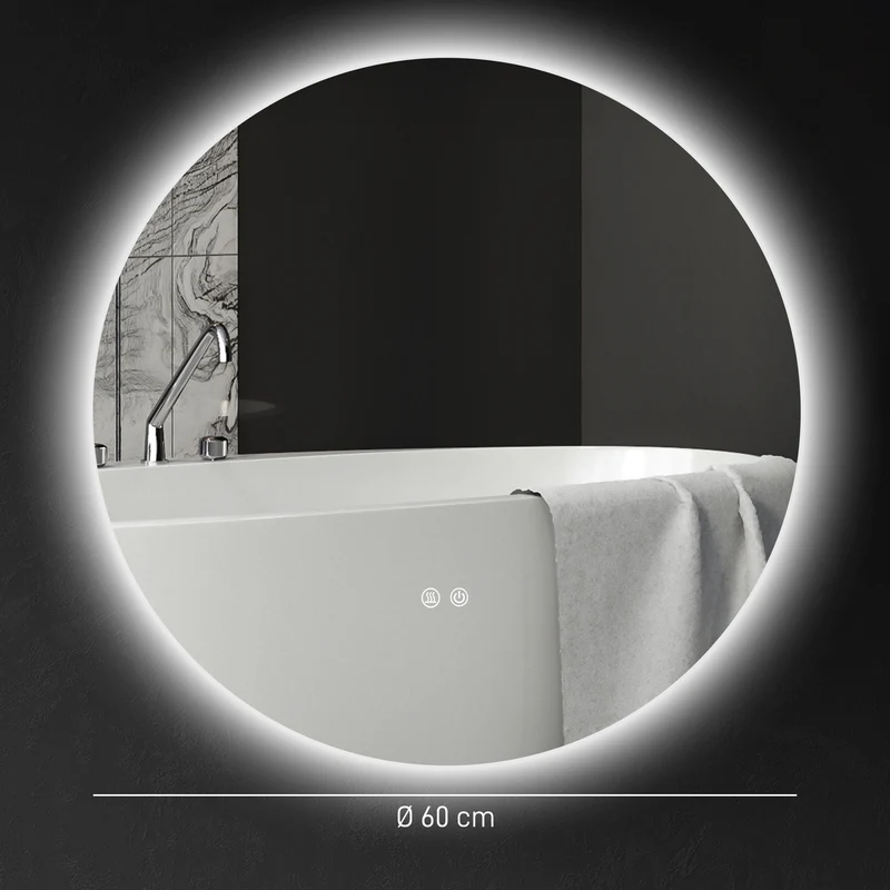 Miroir rond mural salle de bain 60 x 60 x 3,5 cm antibuée intégrée éclairage led réglable moderne épuré en verre argent 21_0001974