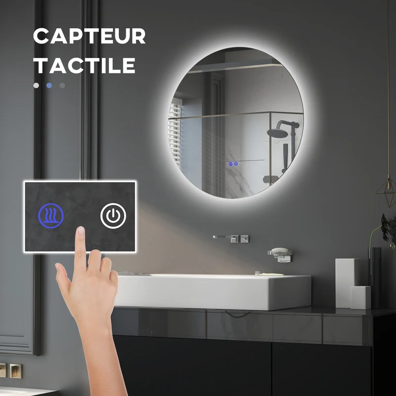 Miroir rond mural salle de bain 60 x 60 x 3,5 cm antibuée intégrée éclairage led réglable moderne épuré en verre argent 21_0001974