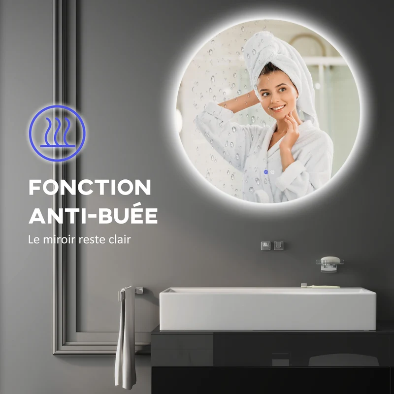Miroir rond mural salle de bain 60 x 60 x 3,5 cm antibuée intégrée éclairage led réglable moderne épuré en verre argent 21_0001974