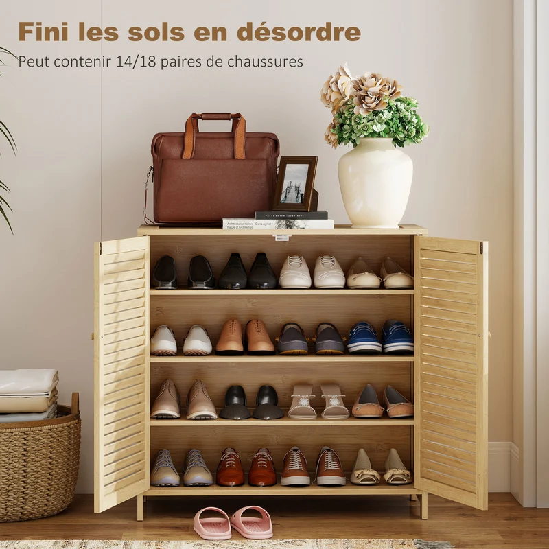 Meuble à chaussures entrée 80 x 35 x 80 cm pour 14 paires étagères réglables moderne ambiance zen en bambou naturel 21_0002799