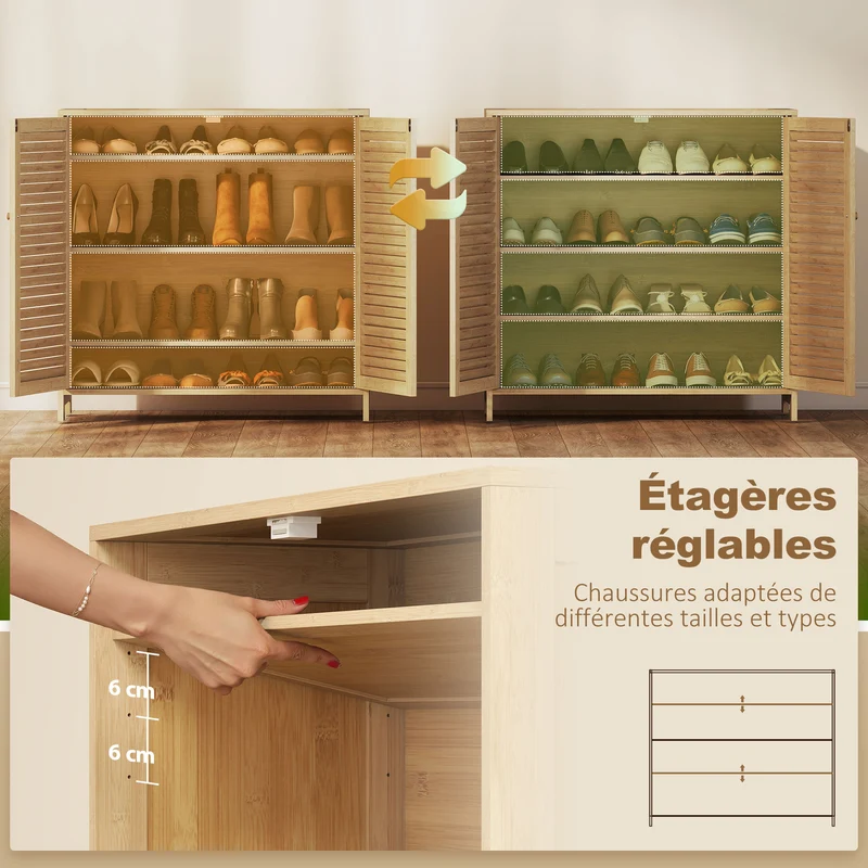Meuble à chaussures entrée 80 x 35 x 80 cm pour 14 paires étagères réglables moderne ambiance zen en bambou naturel 21_0002799