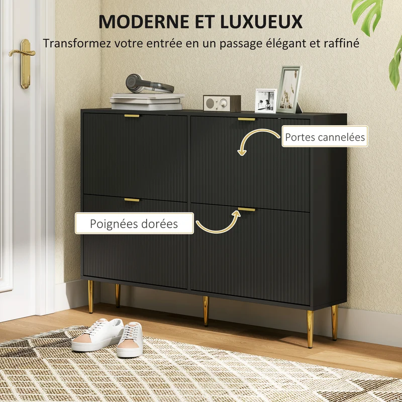 Meuble à chaussures entrée 105 x 24 x 91.5 cm rangement 20 paires étagères réglables cannelées moderne épuré en MDF noir 21_0002765