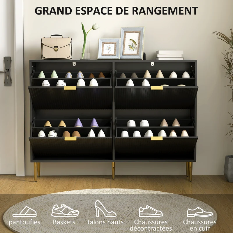 Meuble à chaussures entrée 105 x 24 x 91.5 cm rangement 20 paires étagères réglables cannelées moderne épuré en MDF noir 21_0002765