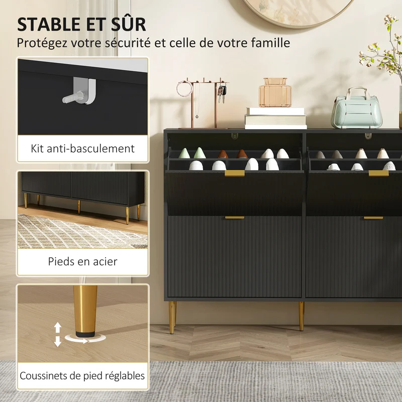 Meuble à chaussures entrée 105 x 24 x 91.5 cm rangement 20 paires étagères réglables cannelées moderne épuré en MDF noir 21_0002765