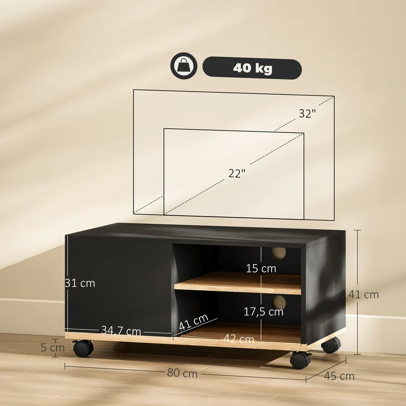 Meuble télévision roulettes 80 x 45 x 41 cm 2 niches 1 placard passe-fil contemporain en panneaux de particules noir 21_0001826