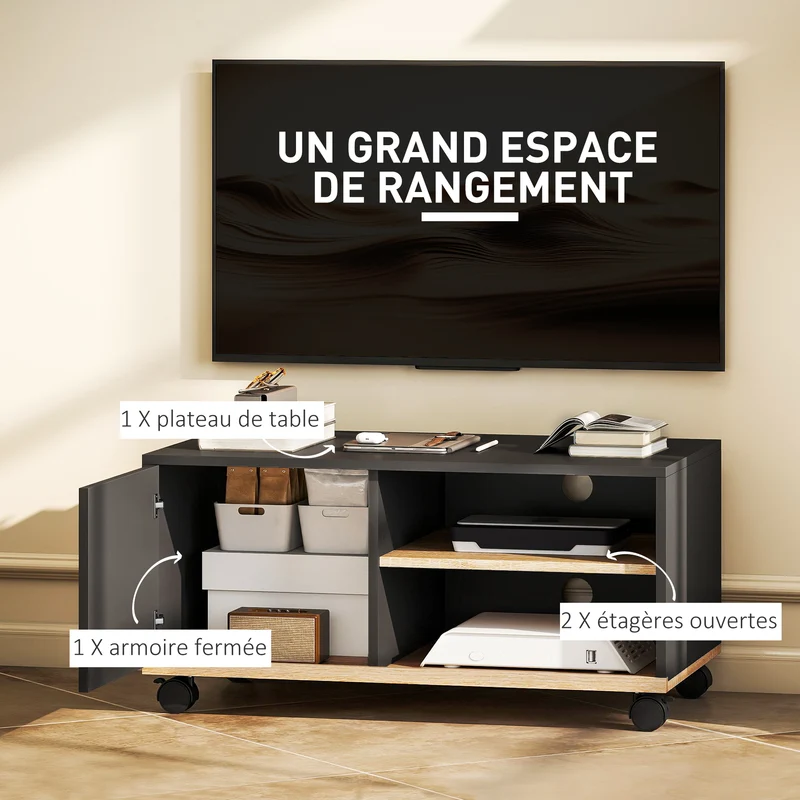 Meuble télévision roulettes 80 x 45 x 41 cm 2 niches 1 placard passe-fil contemporain en panneaux de particules noir 21_0001826