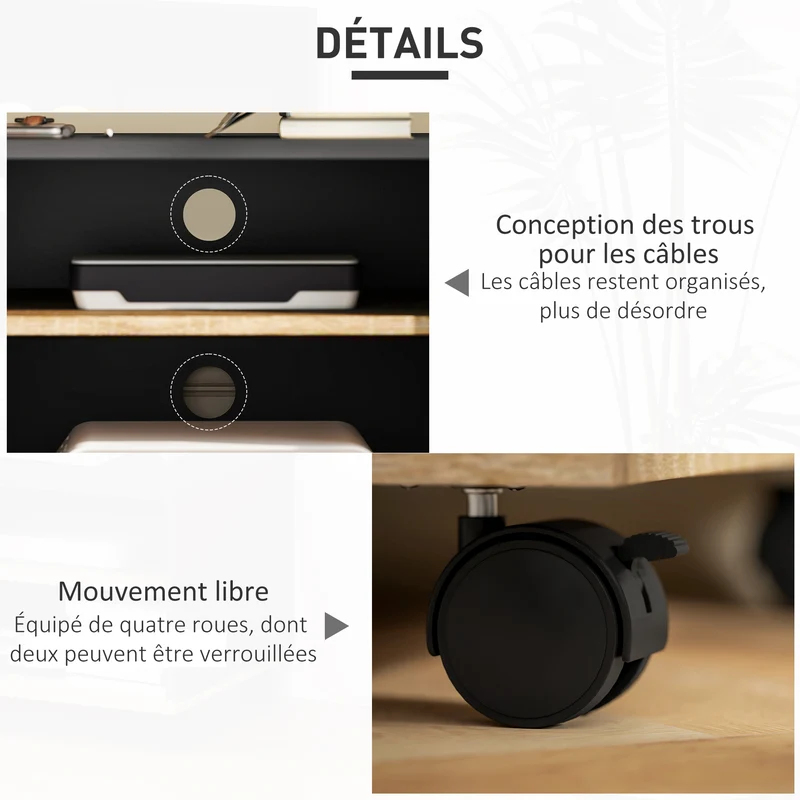 Meuble télévision roulettes 80 x 45 x 41 cm 2 niches 1 placard passe-fil contemporain en panneaux de particules noir 21_0001826