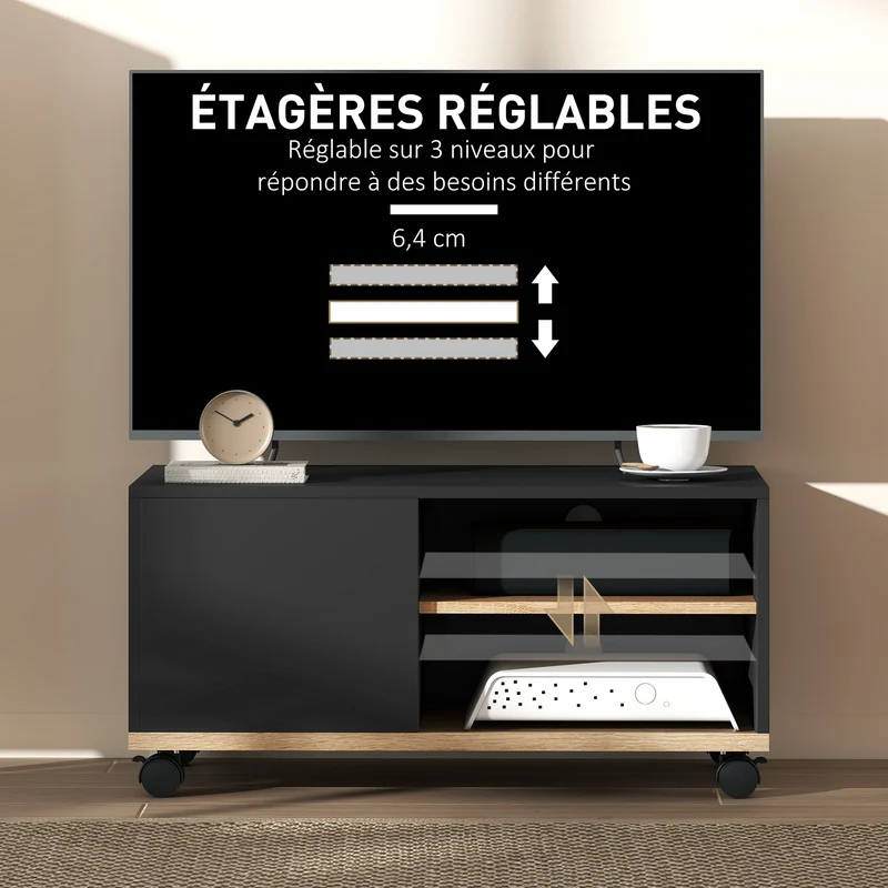 Meuble télévision roulettes 80 x 45 x 41 cm 2 niches 1 placard passe-fil contemporain en panneaux de particules noir 21_0001826