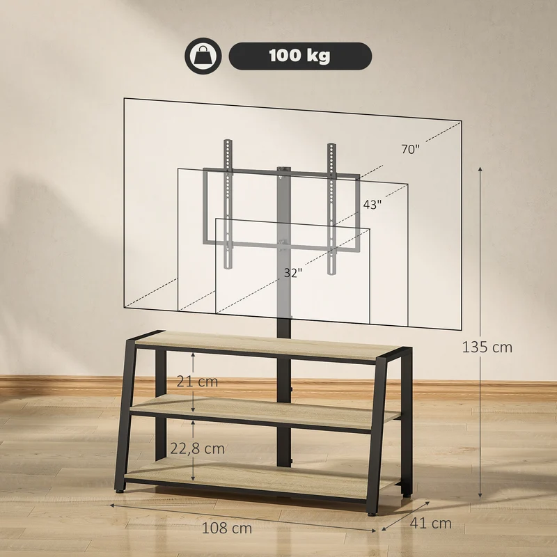 Meuble télévision pour écrans 32-70 pouces 108 x 41 x 135 cm pivotant 35° gestion câbles industriel en bois naturel 21_0003483