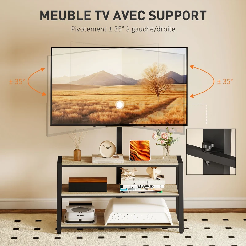 Meuble télévision pour écrans 32-70 pouces 108 x 41 x 135 cm pivotant 35° gestion câbles industriel en bois naturel 21_0003483