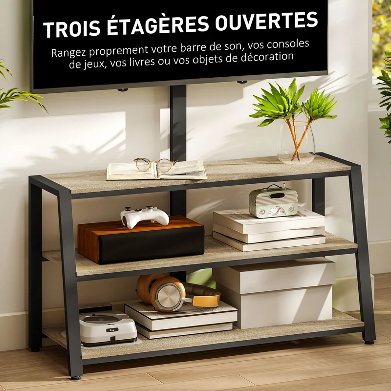 Meuble télévision pour écrans 32-70 pouces 108 x 41 x 135 cm pivotant 35° gestion câbles industriel en bois naturel 21_0003483