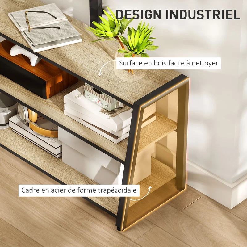 Meuble télévision pour écrans 32-70 pouces 108 x 41 x 135 cm pivotant 35° gestion câbles industriel en bois naturel 21_0003483