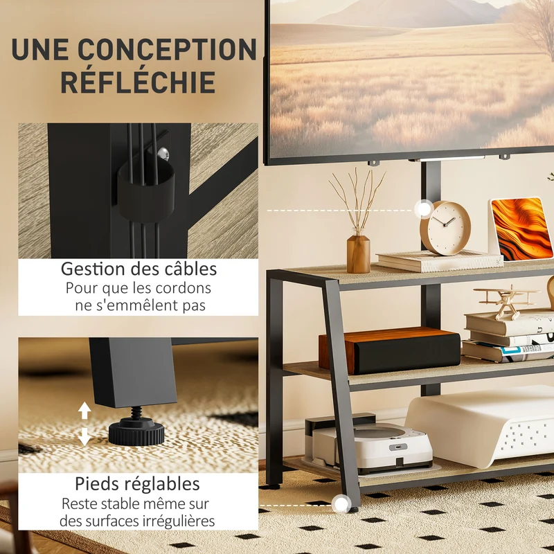 Meuble télévision pour écrans 32-70 pouces 108 x 41 x 135 cm pivotant 35° gestion câbles industriel en bois naturel 21_0003483