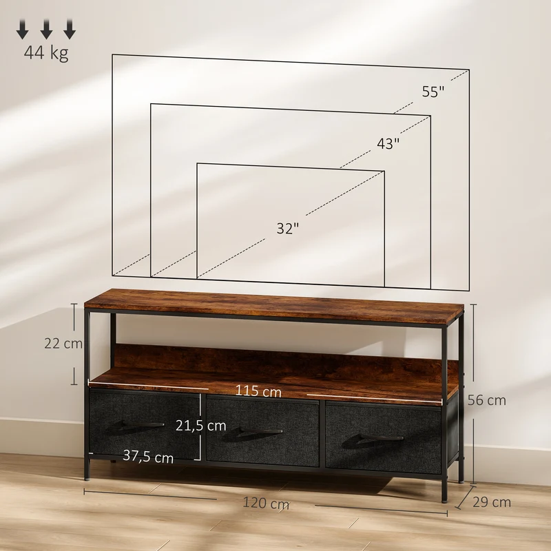 Meuble télé bas salon 120 x 29 x 56 cm trois tiroirs et étagère rangement pratique style industriel en MDF brun rustique 21_0003024