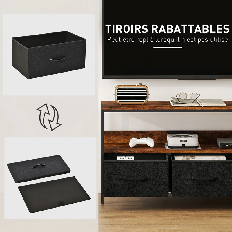 Meuble télé bas salon 120 x 29 x 56 cm trois tiroirs et étagère rangement pratique style industriel en MDF brun rustique 21_0003024