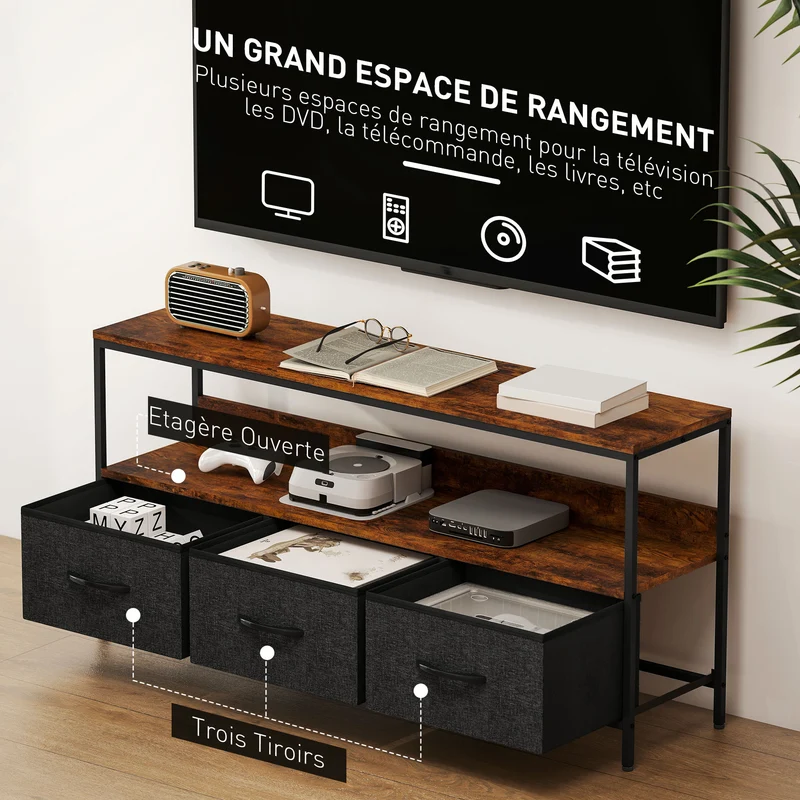 Meuble télé bas salon 120 x 29 x 56 cm trois tiroirs et étagère rangement pratique style industriel en MDF brun rustique 21_0003024