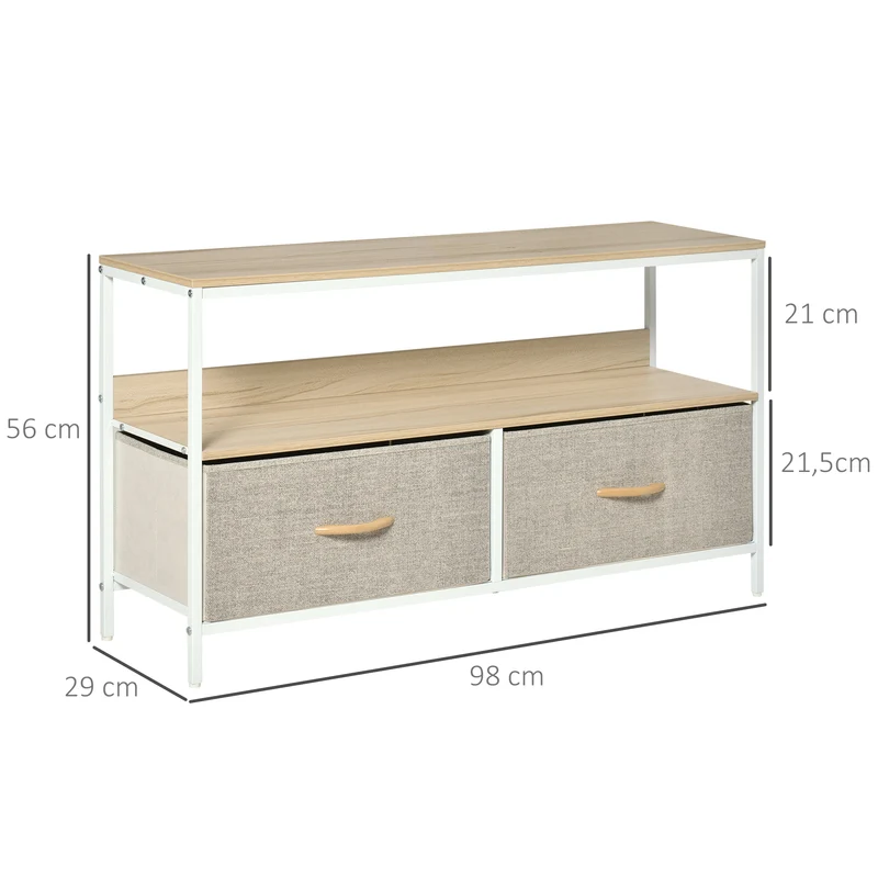 Meuble tv bas sur pieds salon 98 x 29 x 56 cm rangement 2 tiroirs étagère style industriel pratique en MDF bois naturel 21_0003022