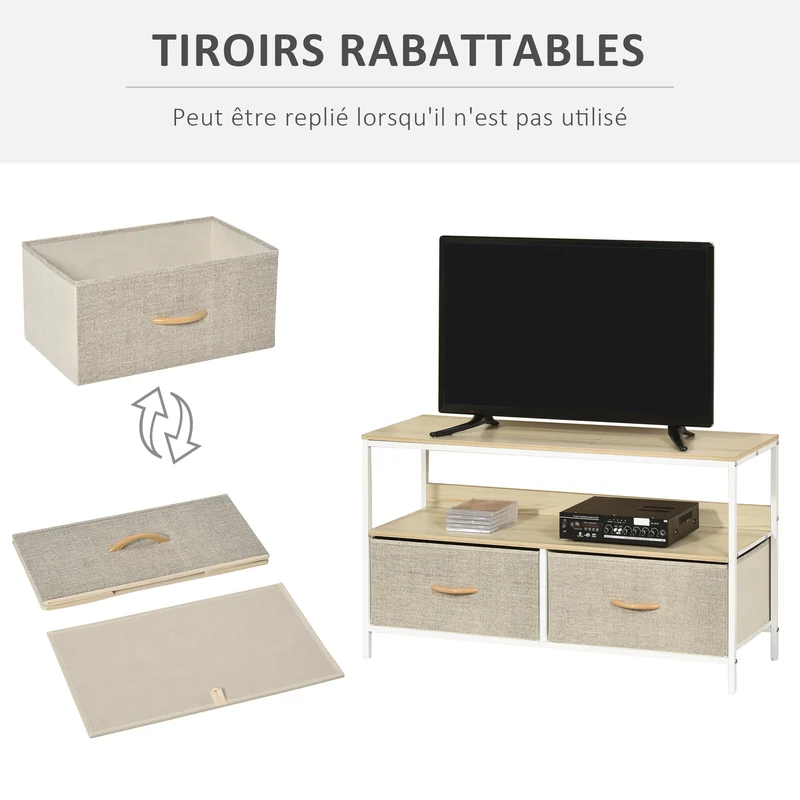 Meuble tv bas sur pieds salon 98 x 29 x 56 cm rangement 2 tiroirs étagère style industriel pratique en MDF bois naturel 21_0003022