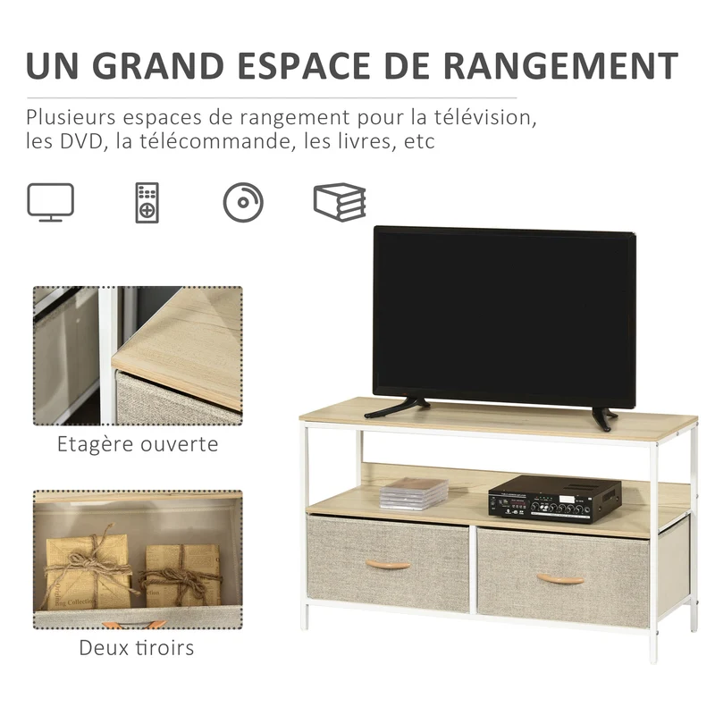 Meuble tv bas sur pieds salon 98 x 29 x 56 cm rangement 2 tiroirs étagère style industriel pratique en MDF bois naturel 21_0003022