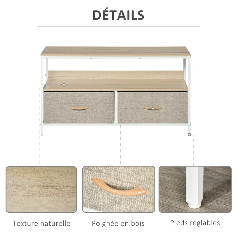 Meuble tv bas sur pieds salon 98 x 29 x 56 cm rangement 2 tiroirs étagère style industriel pratique en MDF bois naturel 21_0003022