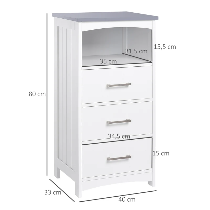 Meuble de salle de bain sur pied 40 x 33 x 80 cm 3 tiroirs 1 niche rangement optimisé style contemporain en MDF blanc 21_0001903