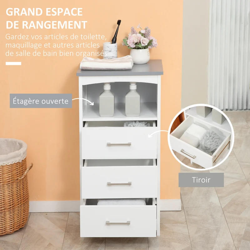Meuble de salle de bain sur pied 40 x 33 x 80 cm 3 tiroirs 1 niche rangement optimisé style contemporain en MDF blanc 21_0001903
