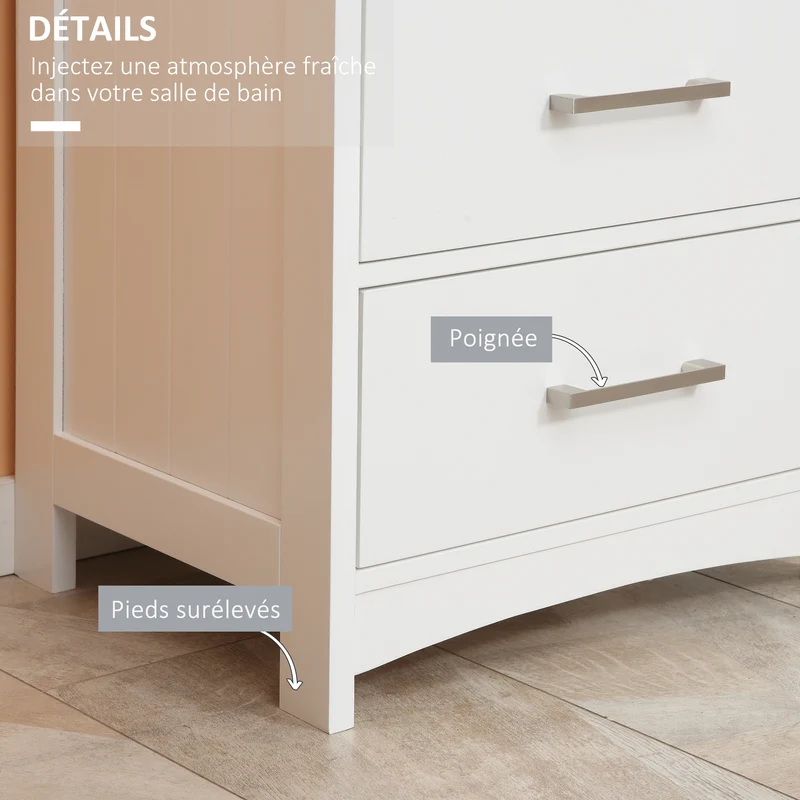 Meuble de salle de bain sur pied 40 x 33 x 80 cm 3 tiroirs 1 niche rangement optimisé style contemporain en MDF blanc 21_0001903